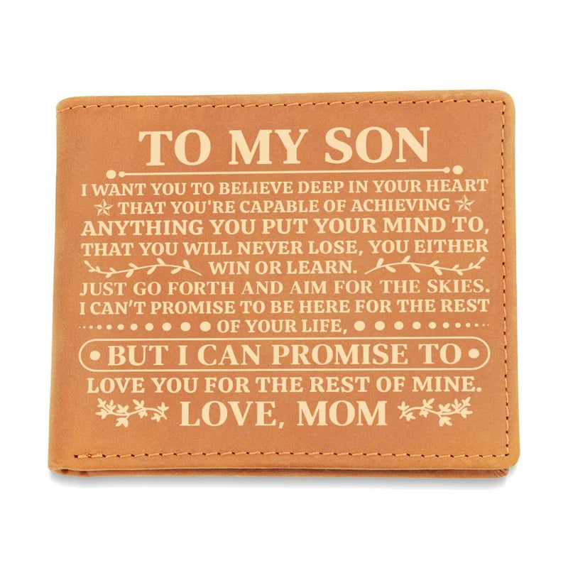To My Son Promise (Yellow Writing) – Leather Wallet (From Mom)